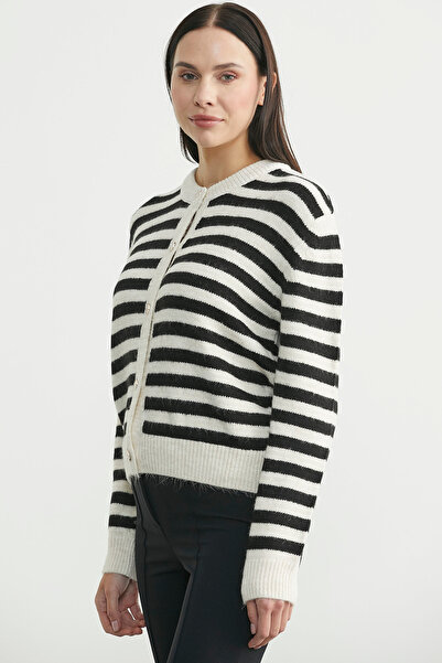 Sementa Striped Metal Button Knitwear Cardigan - Black