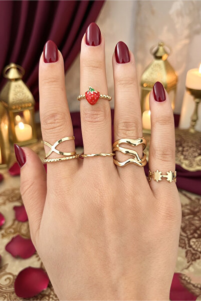 Happyline Set of 6 Rings, Strawberry Ring, Gold Ring, Knuckle Ring