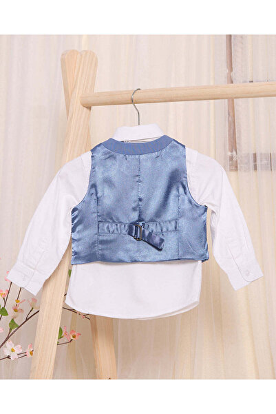 REDTAG Infant Boys White And Blue Vest Coat And Shirt With Printed Tie Set (3 Piece)