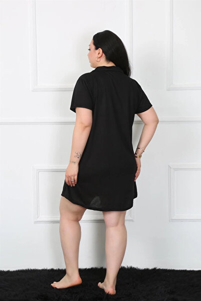 alfa expres Clothing Plus Size Combed Cotton Buttoned Black Tunic Nightgown