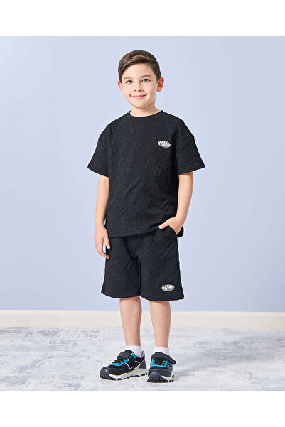 REDTAG Boys Black Embossed T-Shirt And Short Set (2 Piece)