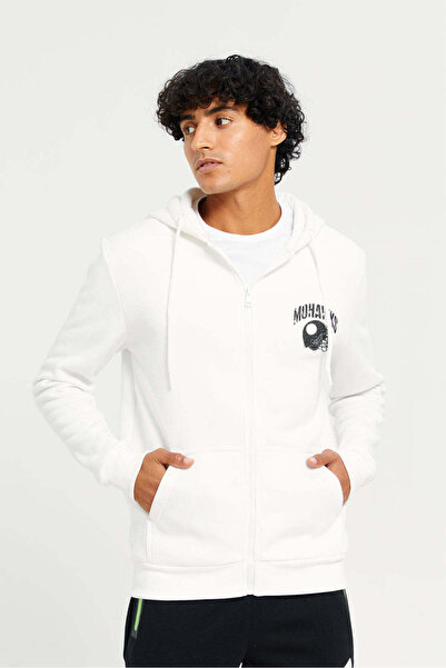 REDTAG Men White Back Print Zip-Through Hoodie