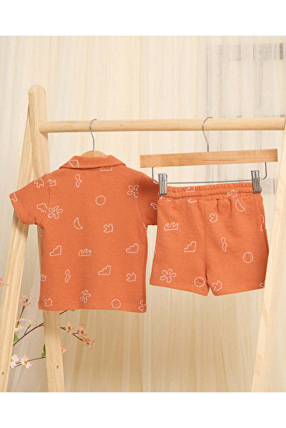 REDTAG Infant Boys Orange Jacquard Printed Shirt And Short Set (2 Piece)