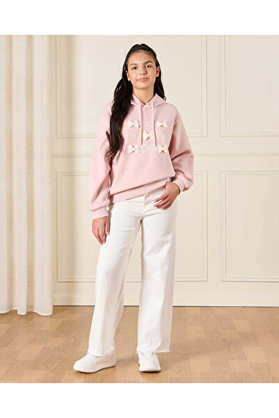 REDTAG Senior Girls Pink Hooded Sweatshirt Embellished With Bow