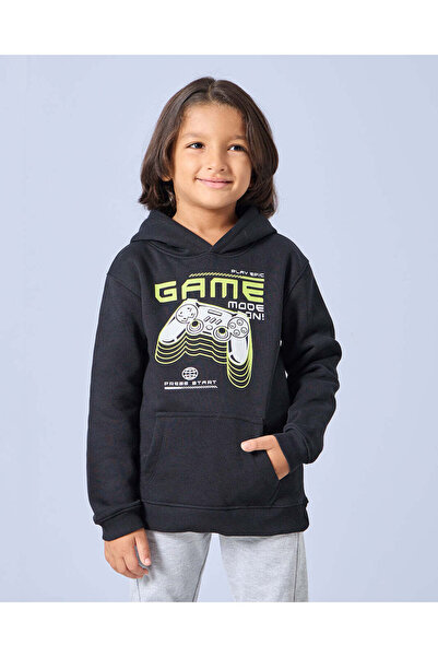 REDTAG Boys Black Level Up Hooded Sweatshirt