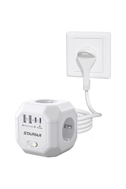 STARYAR Prelungitor Cub 4 Prize + 2 USB-A & 2 USB-C PD 35W, 4000W, 2m, Alb