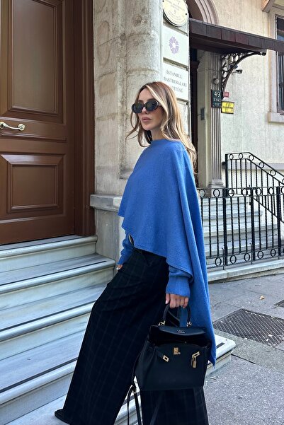 Laluvia Pulover tricotat cu detaliu eșarfă albastră - 98073