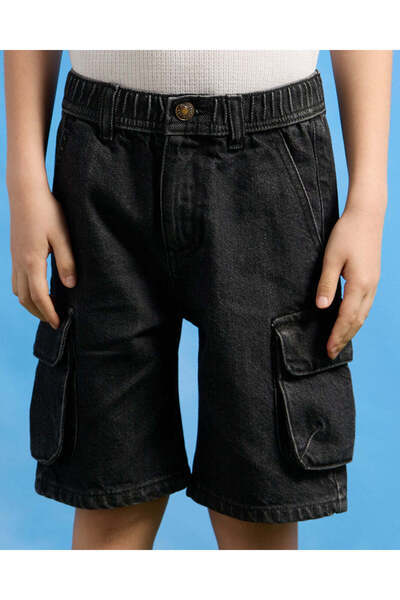 REDTAG Boys Black Cargo Pockets Denim Shorts