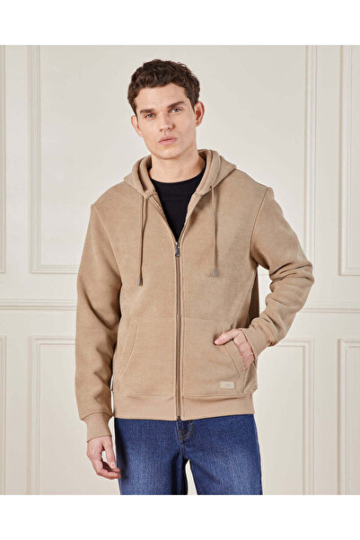 REDTAG Men Beige Faux Fur Lined Hooded Sweatshirt