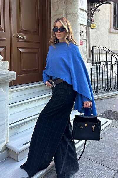 Laluvia Pulover tricotat cu detaliu eșarfă albastră - 98073