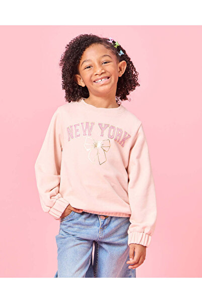 REDTAG Girls Pink New York Placement Print Sweatshirt