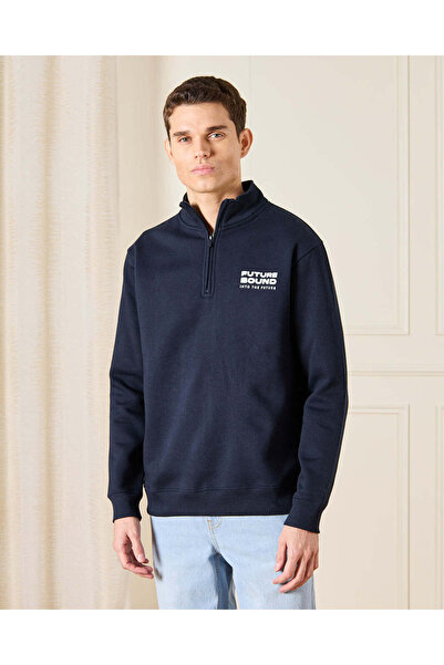 REDTAG Men Black Printed Half Zip through Sweatshirt