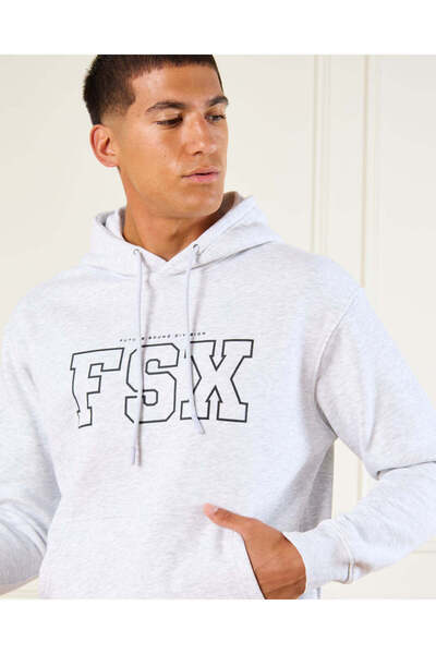 REDTAG Men Grey FSX Print Hooded Sweatshirt