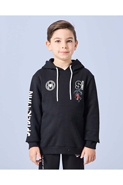 REDTAG Boys Black Spiderman Hooded Sweatshirt