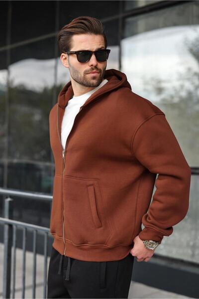 Madmext Brown Zippered Hooded Men's Cardigan E7174