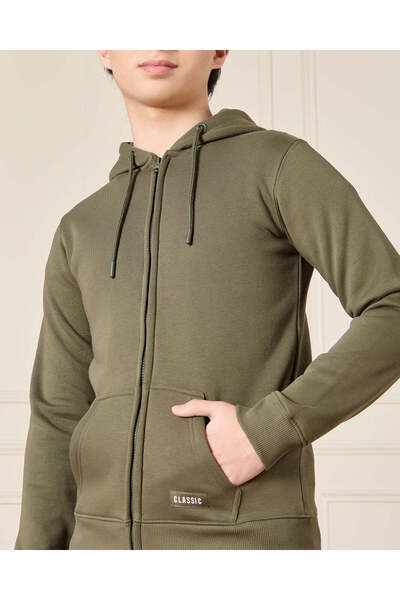 REDTAG Senior Boys Olive Hooded Sweatshirt