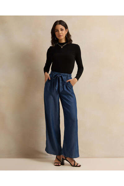 REDTAG Women Navy Belted Wide Leg Trousers