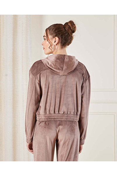 REDTAG Women Brown Zip thru Hooded Velour Active Sweatshirt