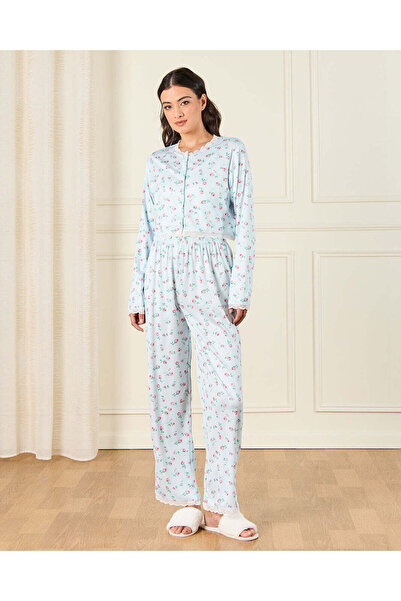 REDTAG Women Blue Printed Pyjama Set (2 Piece)