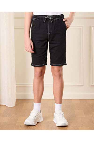 REDTAG Senior Boys Black Stretch Denim Shorts