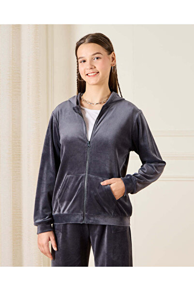 REDTAG Senior Girls Charcoal Velour Hooded Sweatshirt