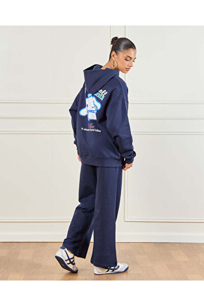 REDTAG Women Navy Cinnamoroll Printed Hooded Sweatshirt