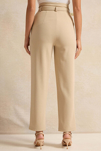REDTAG Women Beige Belted Tapered Trousers