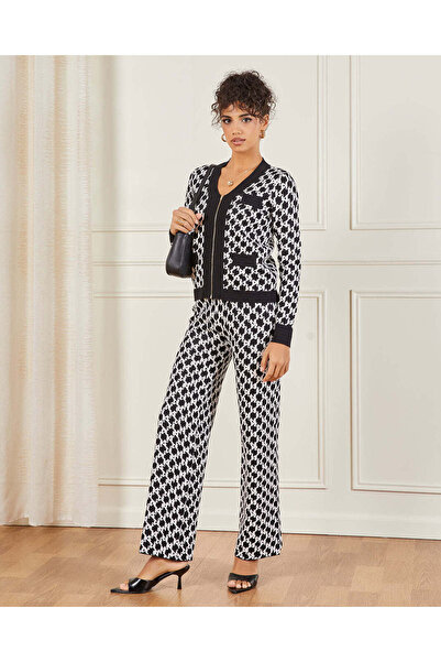 REDTAG Women Black And White Monogram Jacquard Trousers