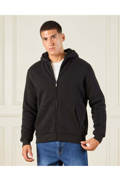 REDTAG بغطاء رأس شيرت رجالي أسود مبطن بالفرو الصناعي مع غطاء للرأس