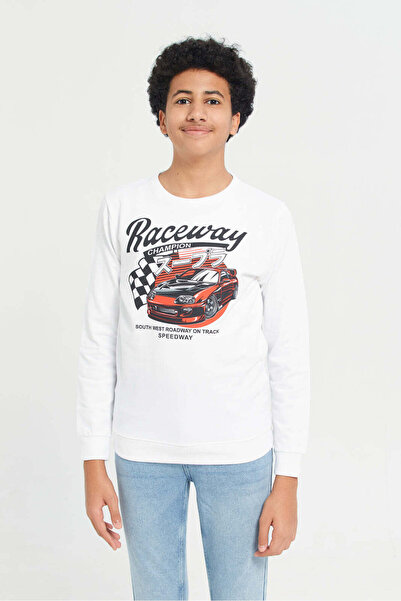 REDTAG Senior Boys White Graphic Sweatshirt