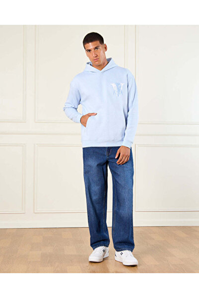 REDTAG Men Blue Printed Hooded Sweatshirt