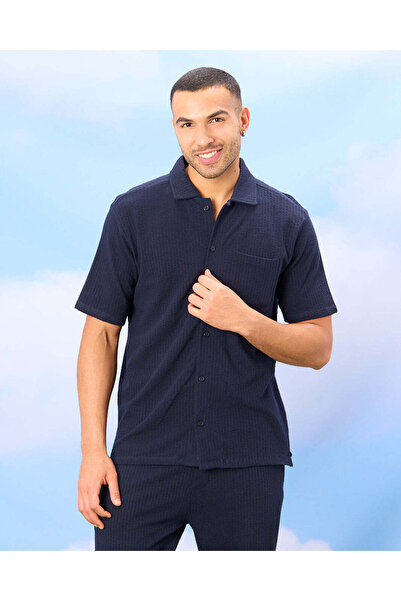 REDTAG Men Navy Lounge Jacquard Shirt