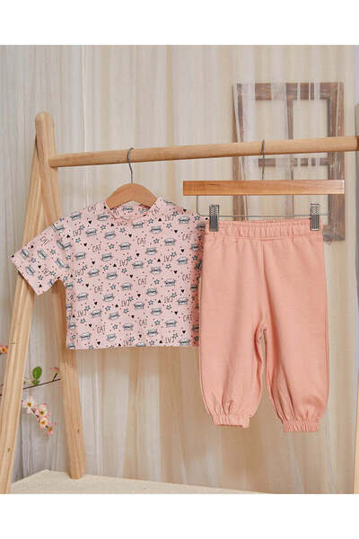 REDTAG Infant Girls Pink Cat Print Set (2 Piece)