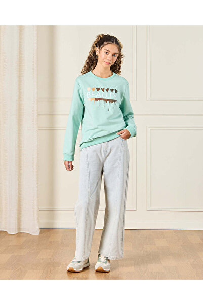 REDTAG Senior Girls Green Heart Print Sweatshirt