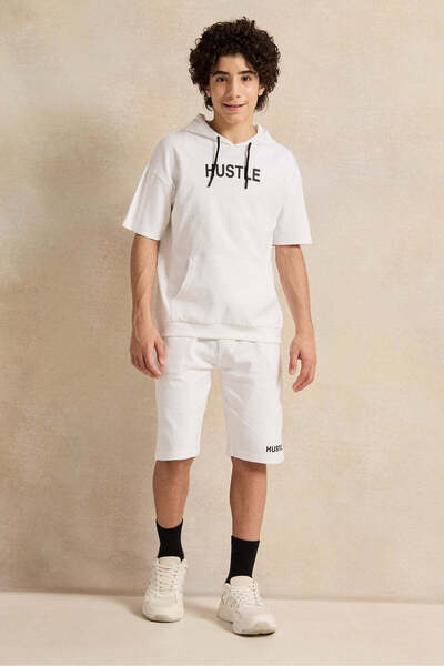 REDTAG Senior Boys White Oversize Hooded Sweatshirt