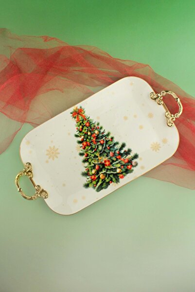 Bursa Porselen Dekor Christmas Tree Gold Metal Handle Porcelain Tray