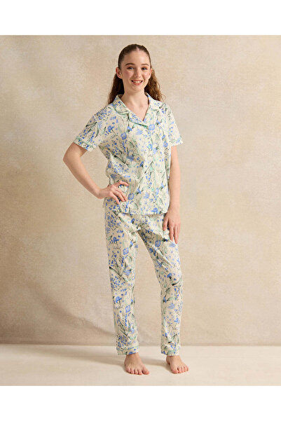 REDTAG Senior Girls White And Blue Print Pyjama Set (2 Piece)