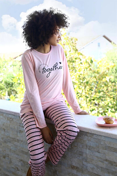 alfa expres Γυναικεία ένδυση Βαμβακερή χτενισμένη μακρυμάνικη πιτζάμα σετ ροζ