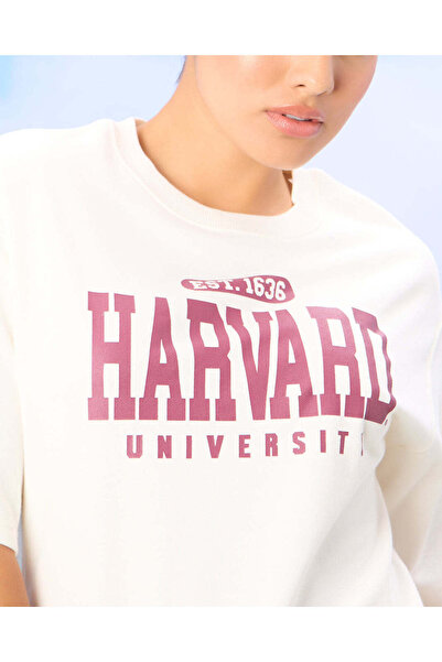 REDTAG Women Cream Harvard University Crop Oversize Active Sweatshirt