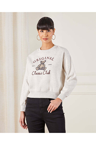 REDTAG Women Grey Bear Printed Sweatshirt