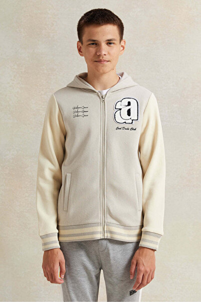 REDTAG Senior Boys Beige Baseball Hoody Sweatshirt
