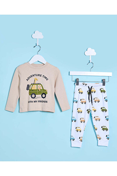 REDTAG Infant Boys Beige And White Printed Pyjama Set (2 Piece)