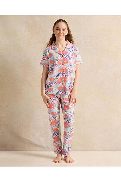 REDTAG طقم بيجامة مطبوع عليه زهور وردية وذهبية للبنات الكبار (قطعتين)