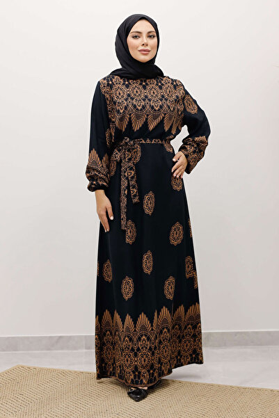 Tesettür Dünyası Φόρεμα από βισκόζη με σχέδιο πλακάκια TSD250237 Μαύρο