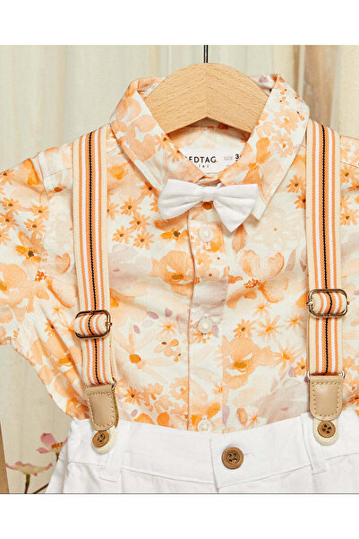 REDTAG Infant Boys Orange Printed Bow Shirt With Shorts (3 Piece)