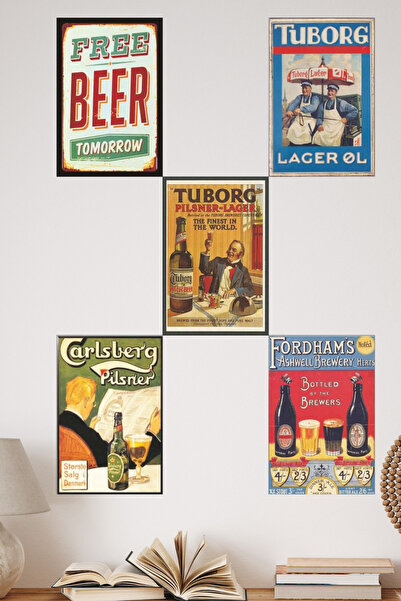 DURUSA Tablou MDF cu afiș retro cu bere, set de postere (5 bucăți), decorațiu...