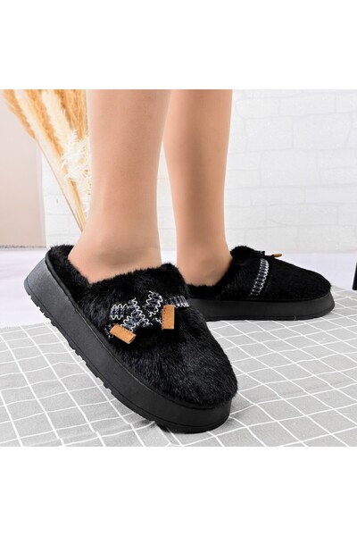 Tmall Papuci de damă, pufoși cu papion, cu blană, TM1PD1061, negri