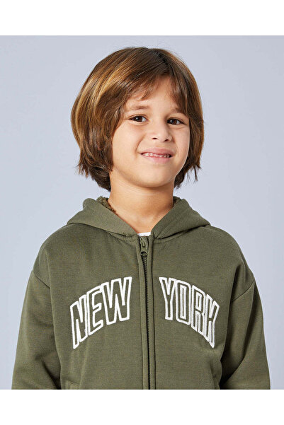 REDTAG Boys Olive Hooded Zip Thru Sherpa Line Sweatshirt