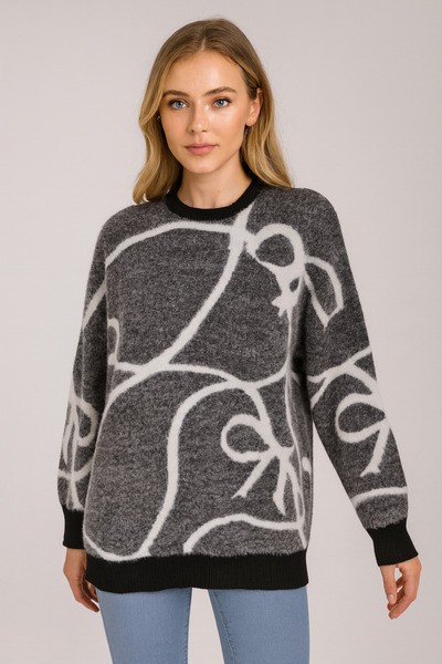 Minora Minoralady Ribbon Stripe Pattern Oversized Bearded Soft Textured Knitwear Sweater Black