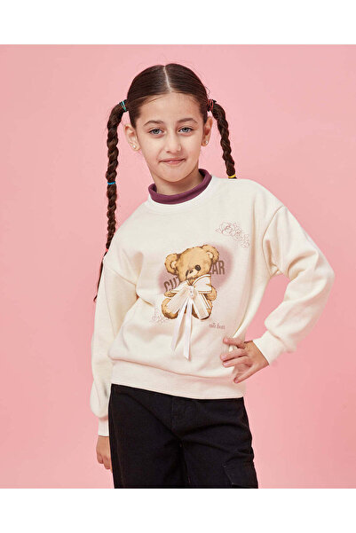 REDTAG Girls Ivory Bear Placement Print Sweatshirt